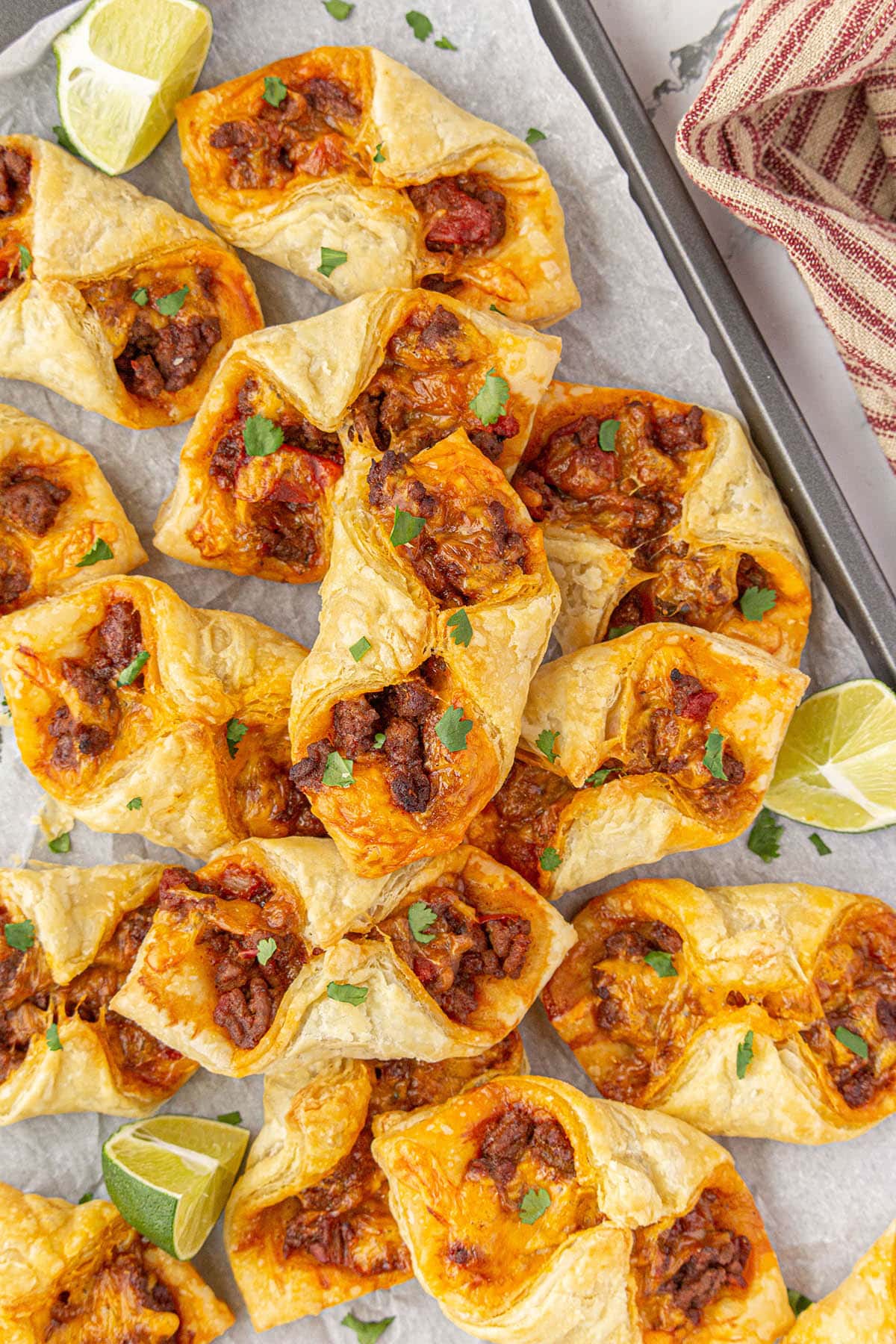 Puff Pastry tacos on baking sheet.