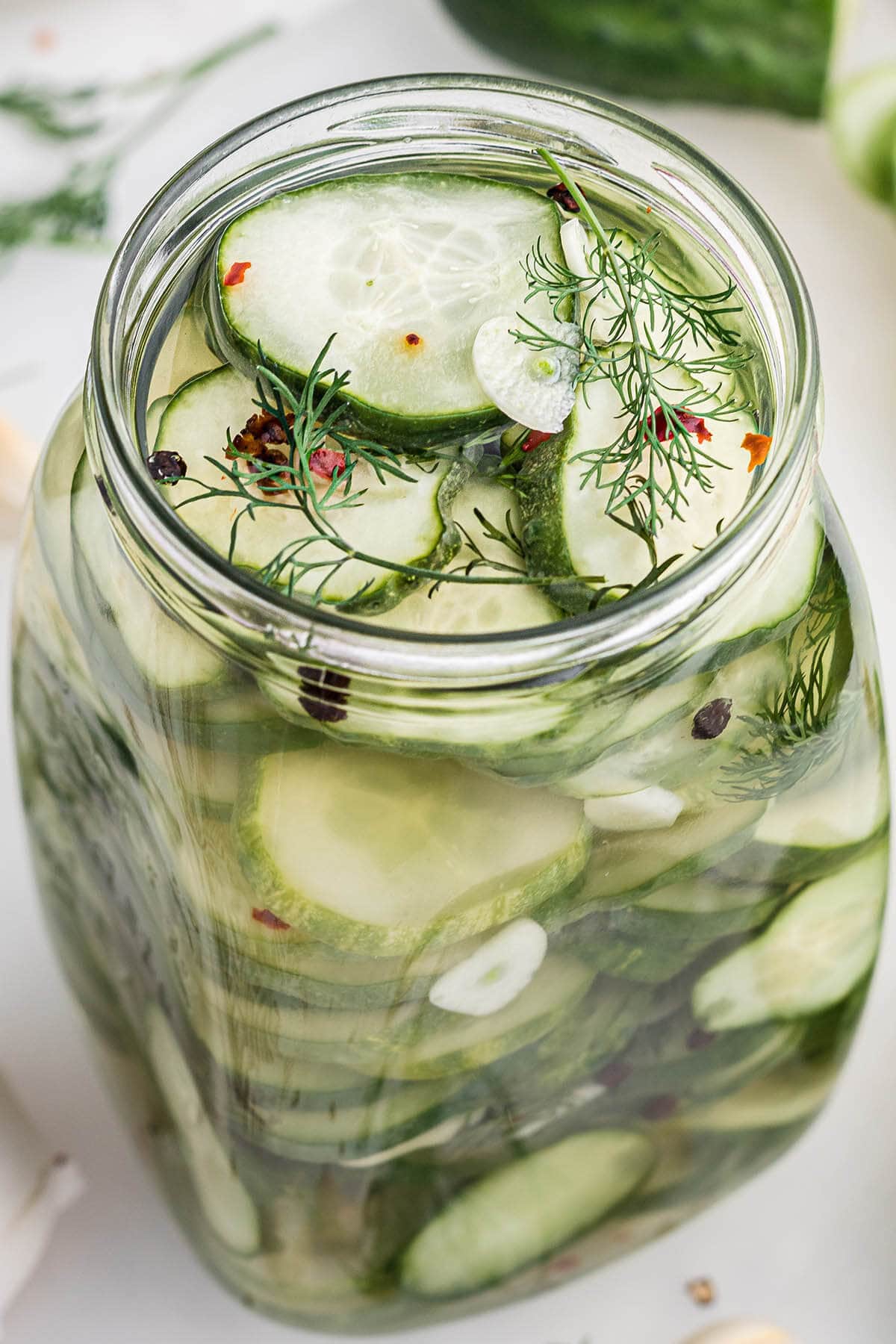 Overhead photo of jar of pickles.