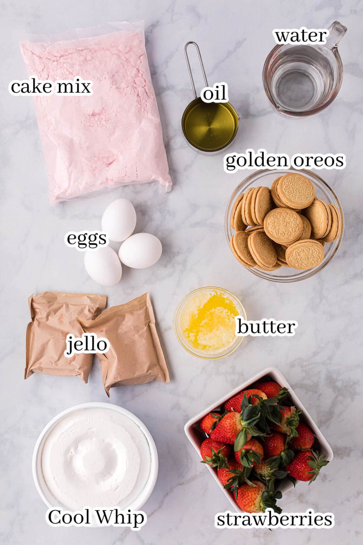 Ingredients to make cake recipe, with print overlay.