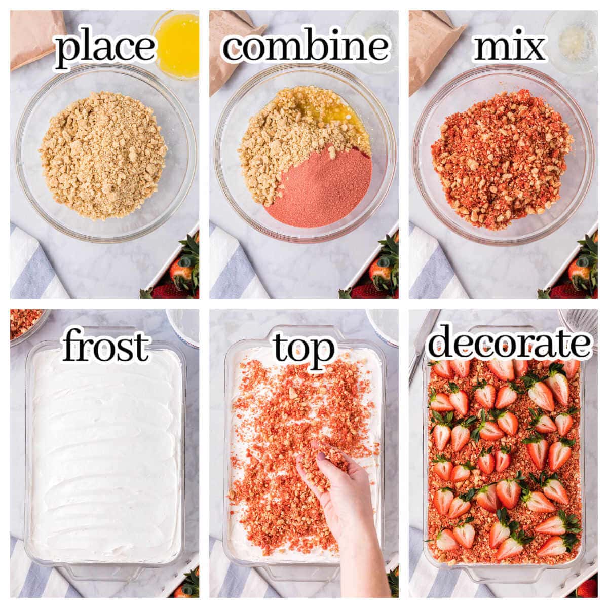 Step by step instructions showing how to frost and decorate cake recipe, with print overlay.