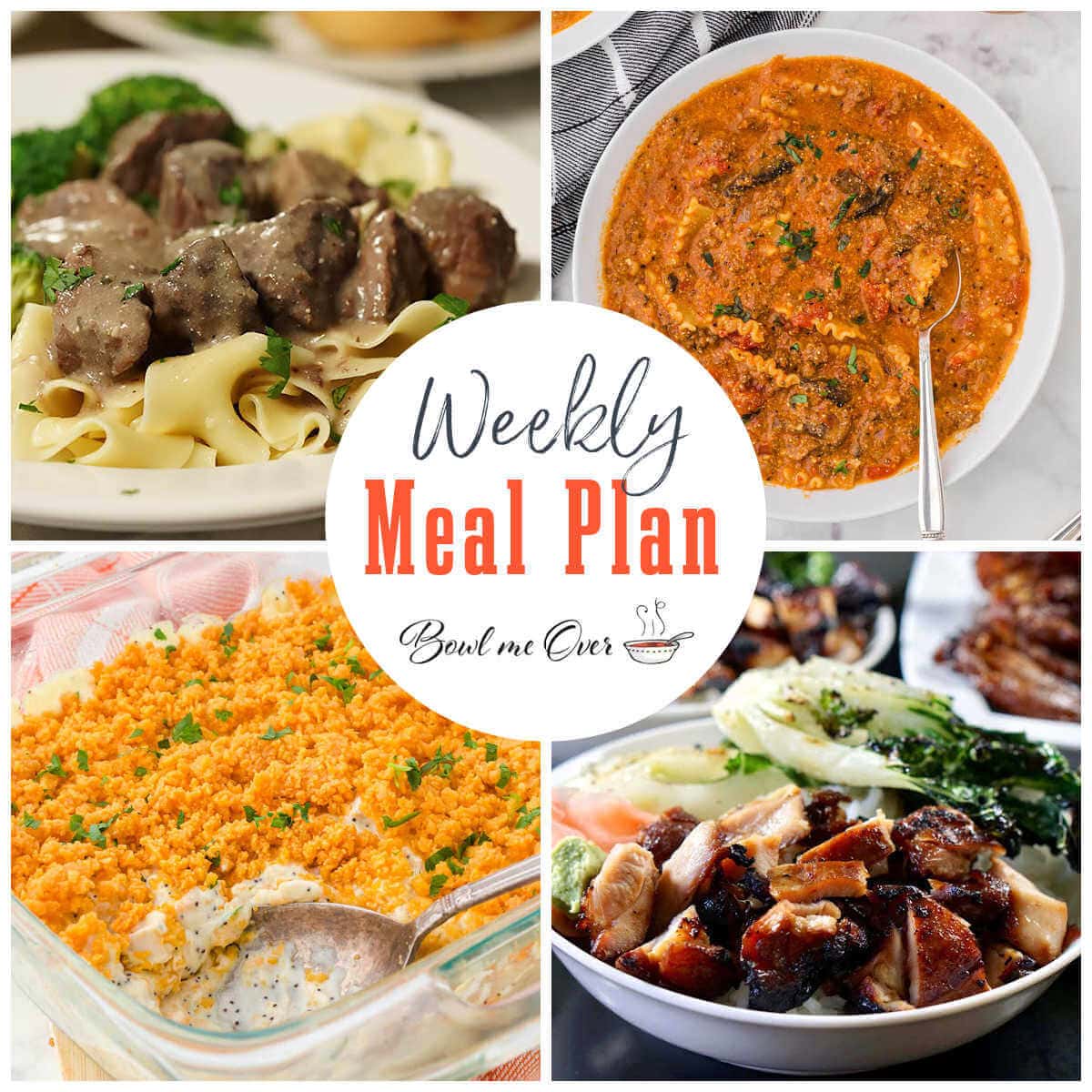 Collage of photos for weekly meal plan 16 with print overlay for social media.