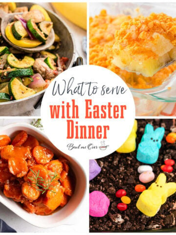 Collage of photos of what to serve with Easter dinner. With print overlay.