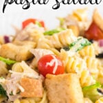 Chicken Caesar Pasta Salad on plate, with print overlay for social media.