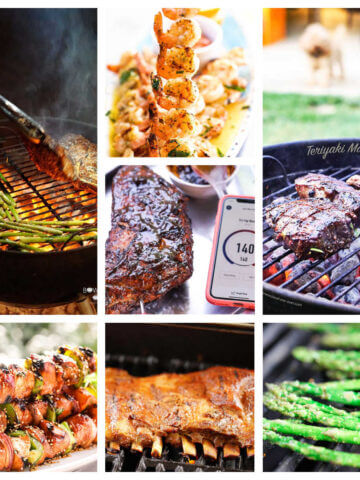 Grilling mistakes and a collage of grilled meat and vegetables.