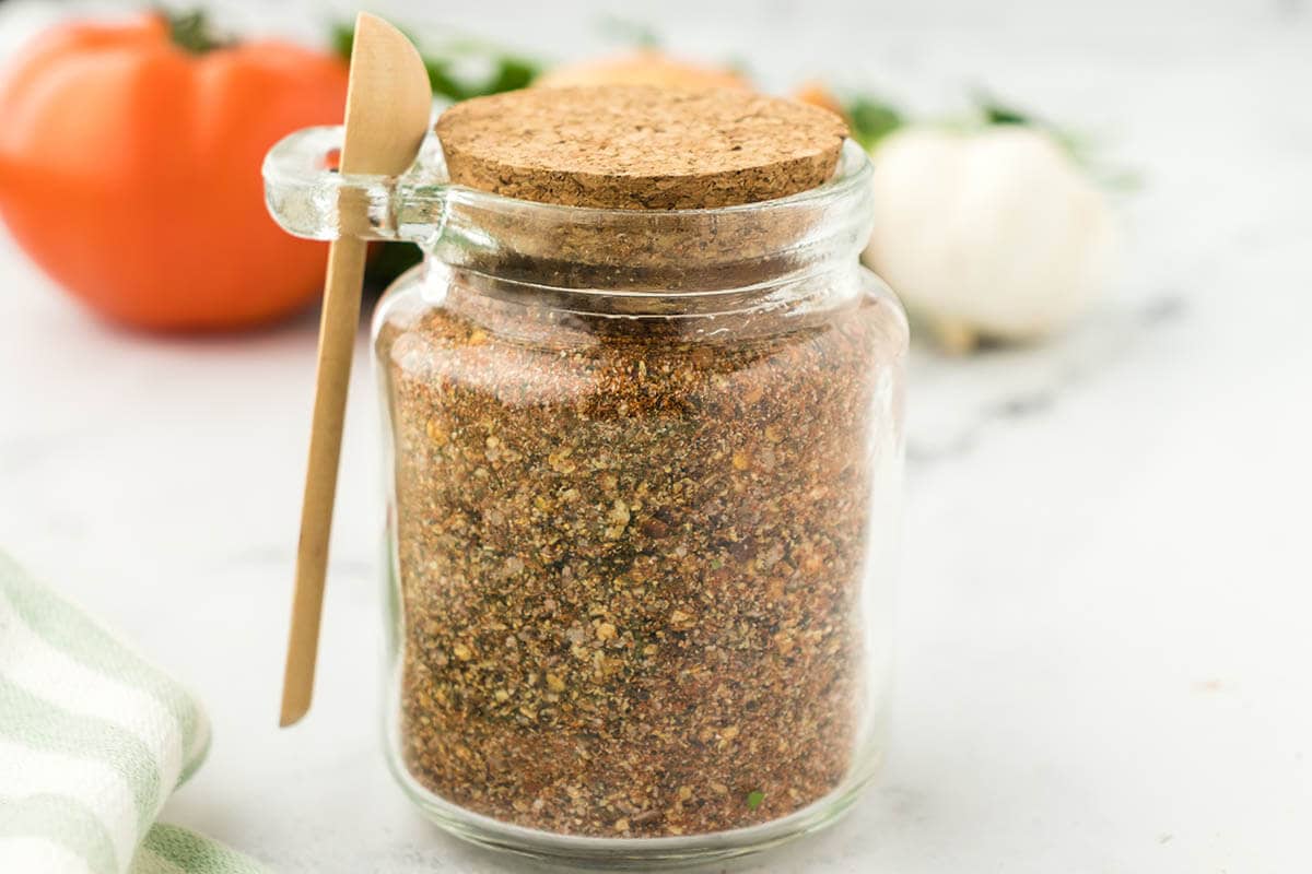 Jar of Homemade Montreal Steak Seasoning.