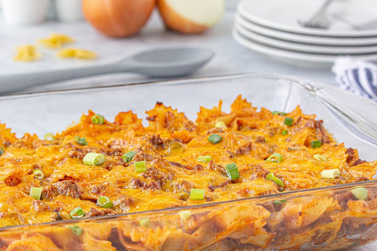 Sloppy Joe Casserole in a baking dish.