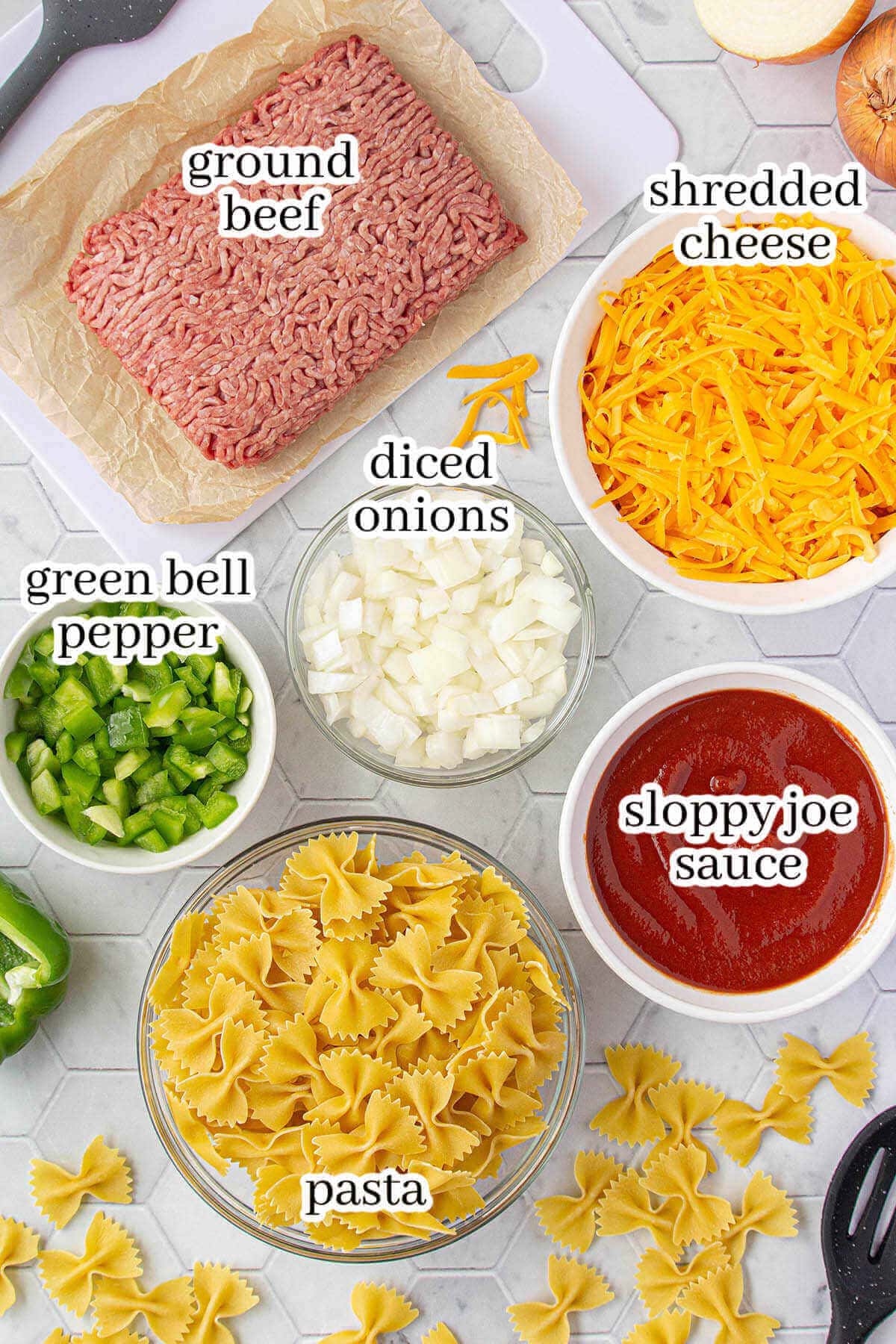 Ingredients to make casserole dish, with print overlay.