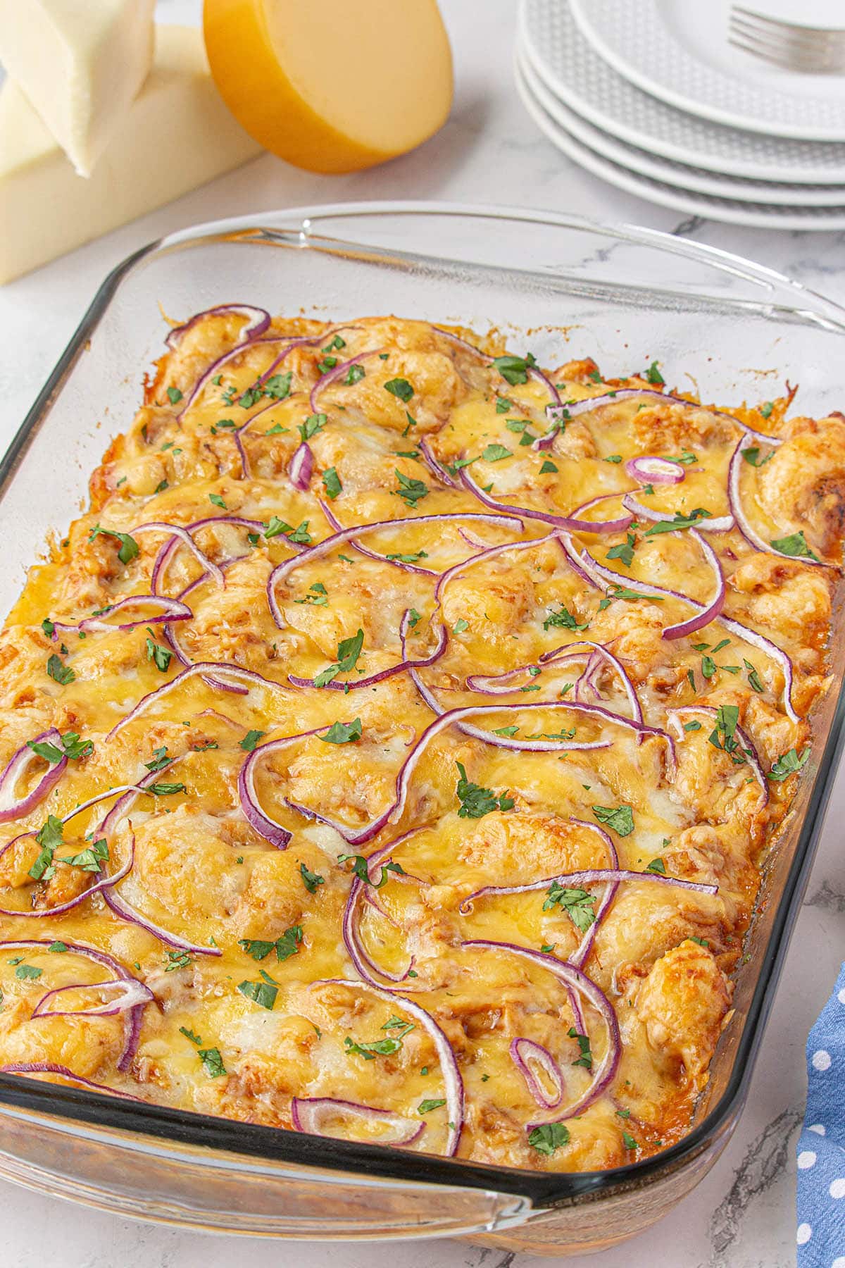 Bubble Up BBQ Chicken Pizza Casserole in baking dish.