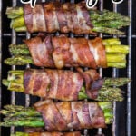 Grilled asparagus on bbq with print overlay for social media.