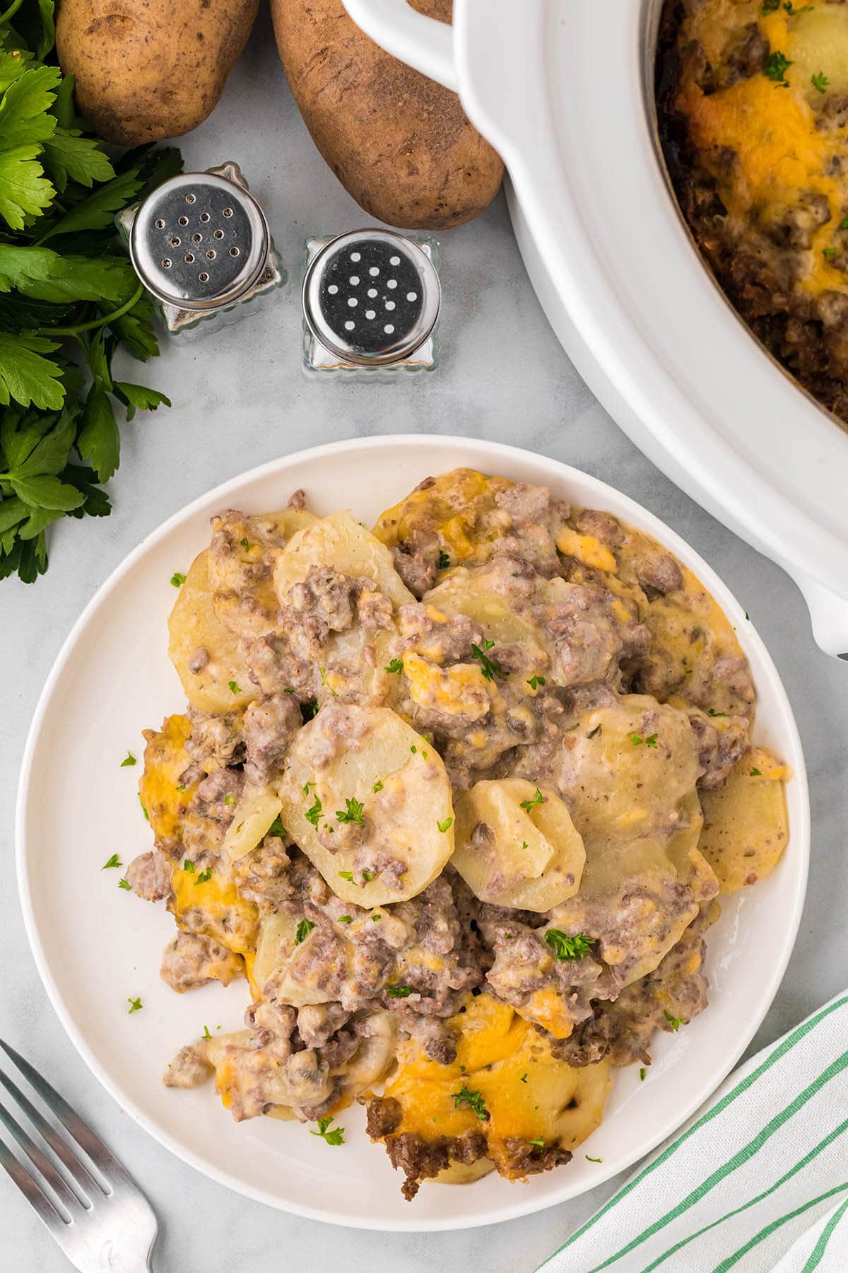 Hamburger Potato Casserole on a white plate.