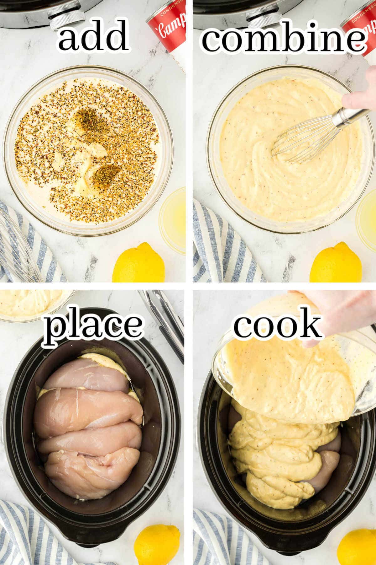 Photos with step-by-step instructions to make the recipe, with print overlay.