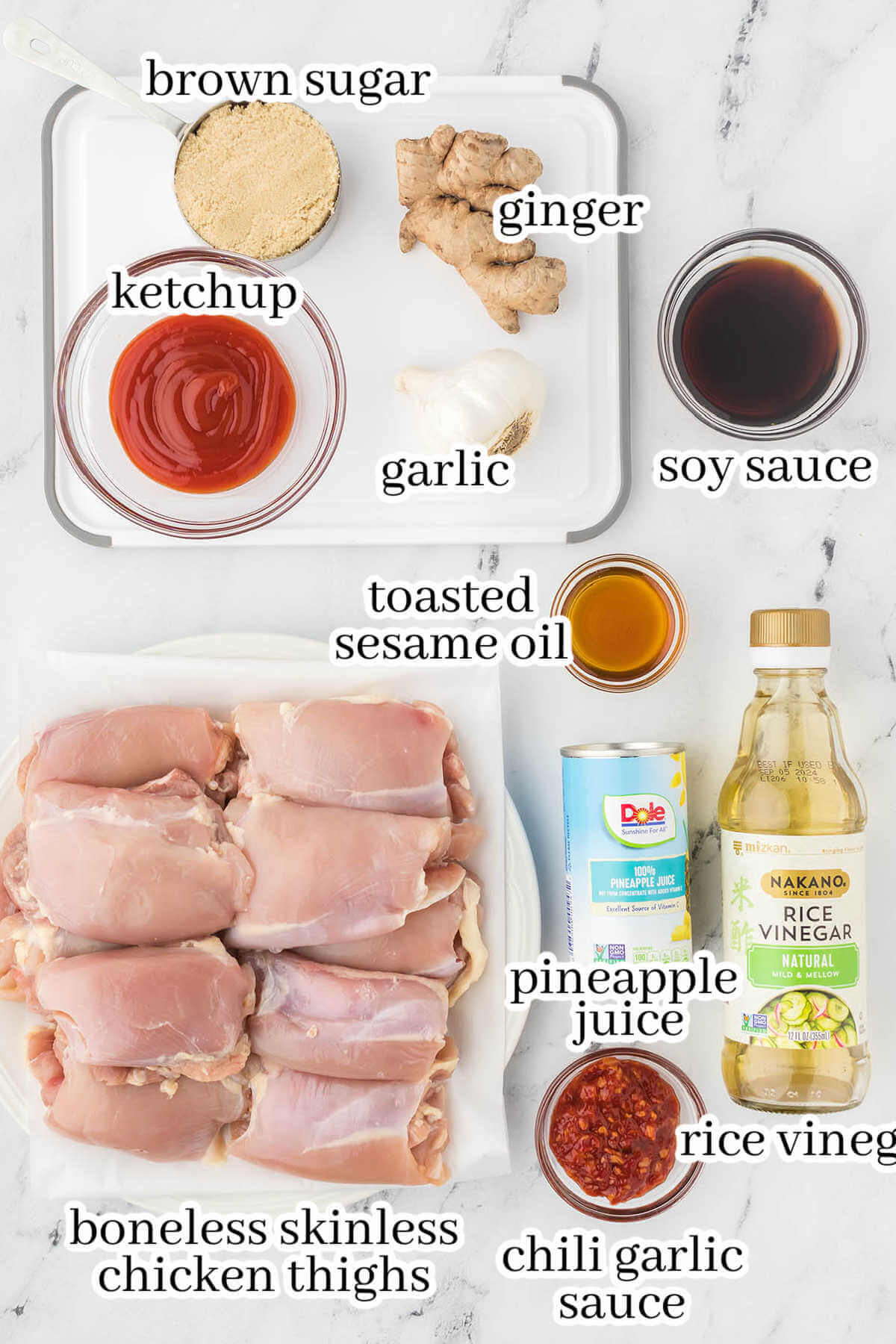 Ingredients for the chicken recipe, with print overlay.