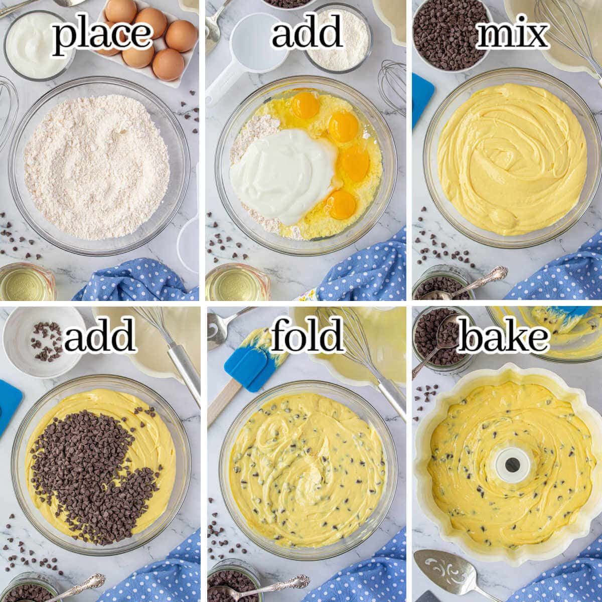 Step-by-step instructions to make the cake recipe, with print overlay.