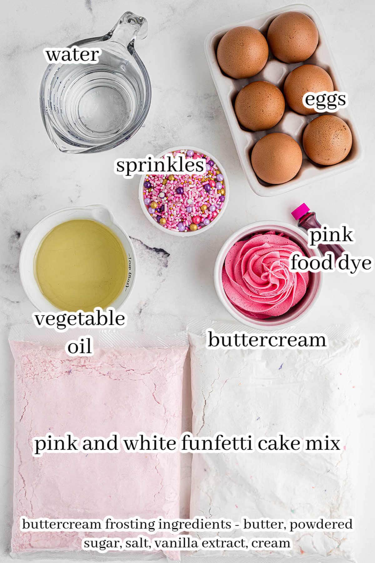 Ingredients for the funfetti layer cake, with print overlay.