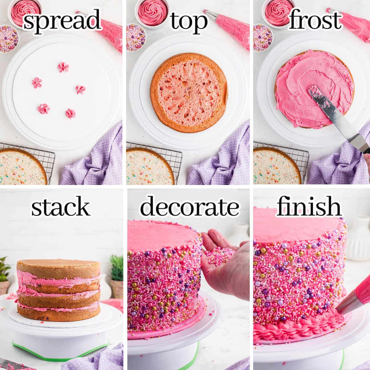 Step-by-step instructions on how to prepare and frost a layer cake. With print overlay.
