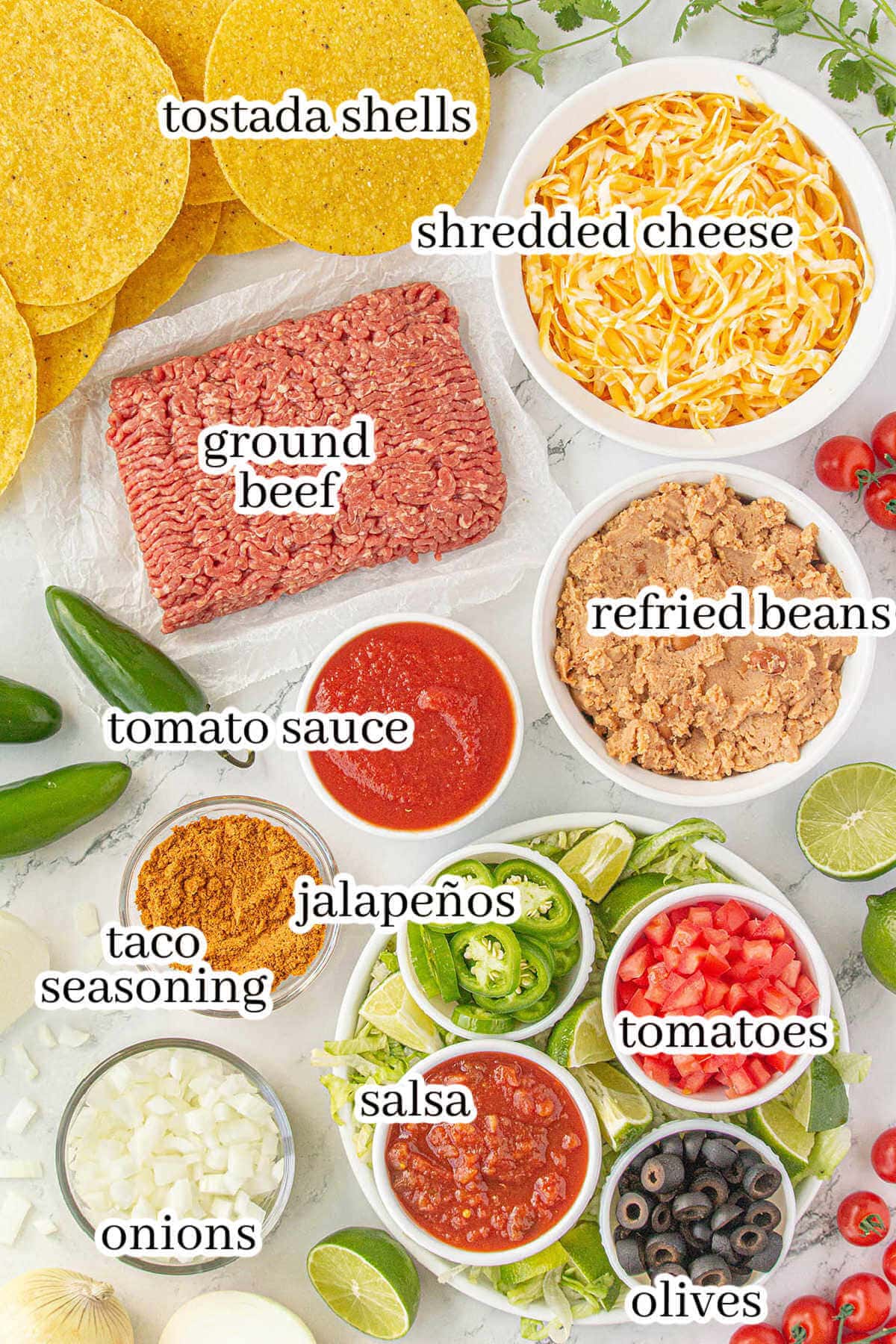 Ingredients to make ground beef tostada recipe, with print overlay.