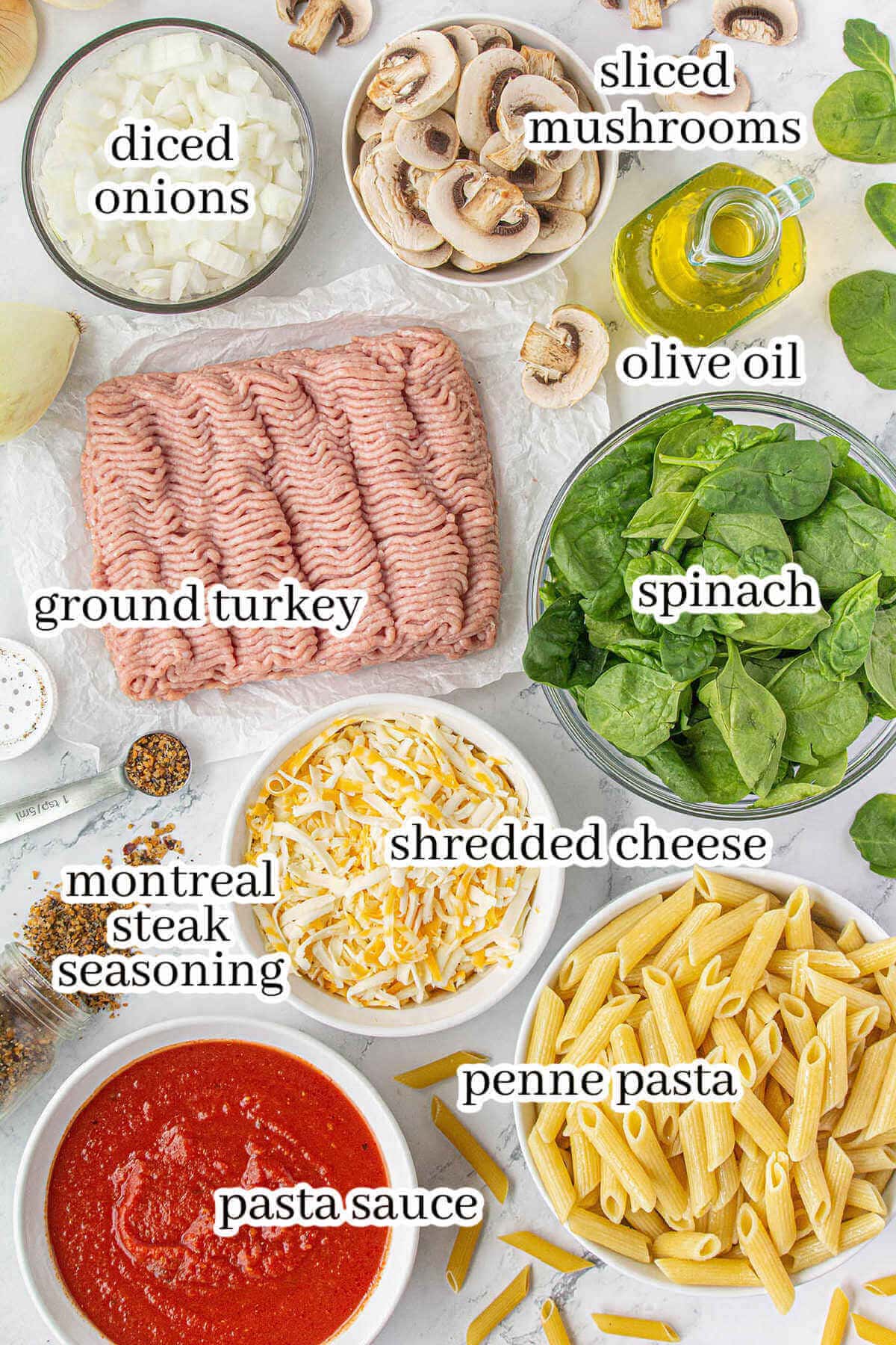 Ingredients to make pasta bake, with print overlay.