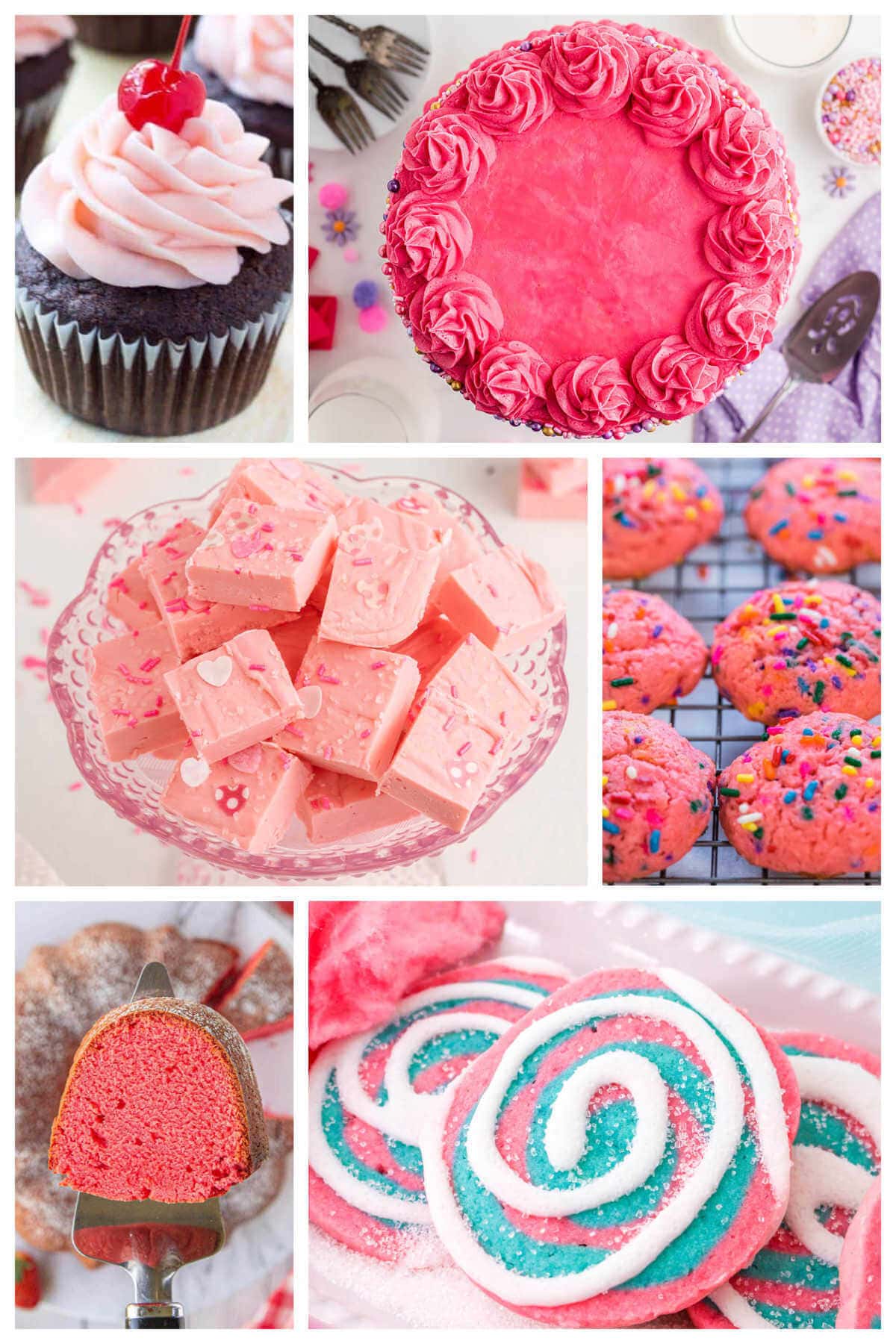 A collage of photos of pretty pink party food ideas with cupcakes, cookies and yummy pink cakes.