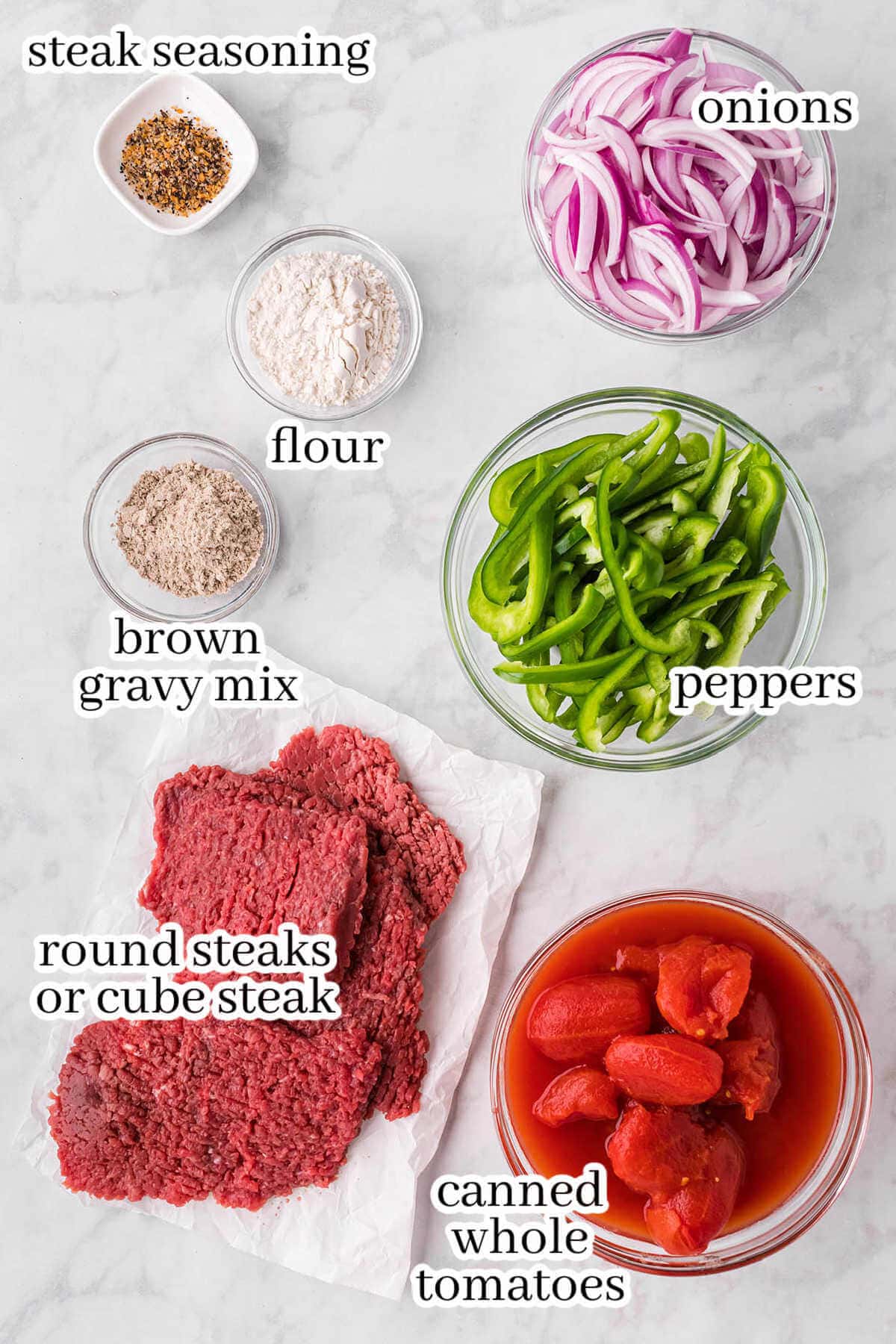 Ingredients for the crockpot steak recipe, with print overlay.