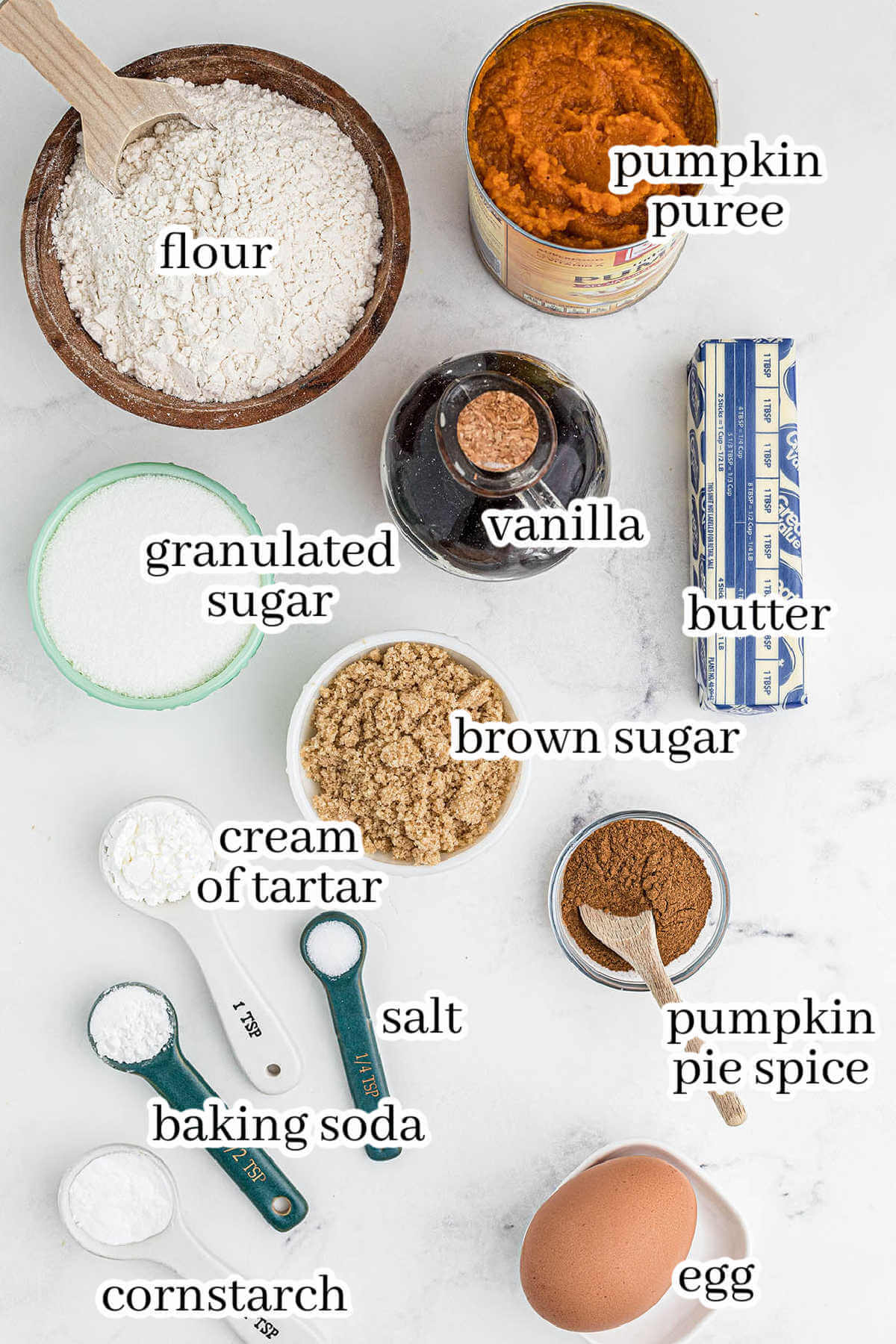 Ingredients to make cookie recipe, with print overlay.