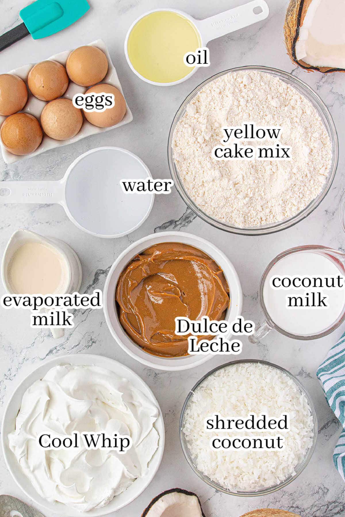 Ingredients needed to make cake recipe, with print overlay.