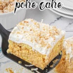 Coconut Tres Leche Poke Cake in baking dish, with print overlay.