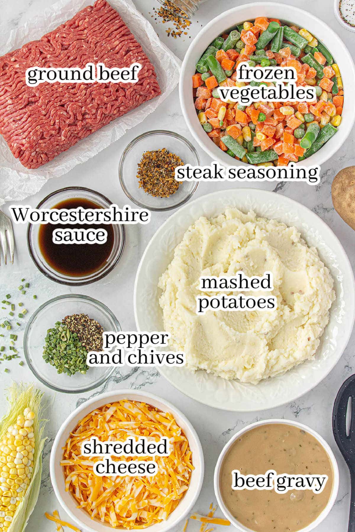 Ingredients to make ground beef recipe, with print overlay.