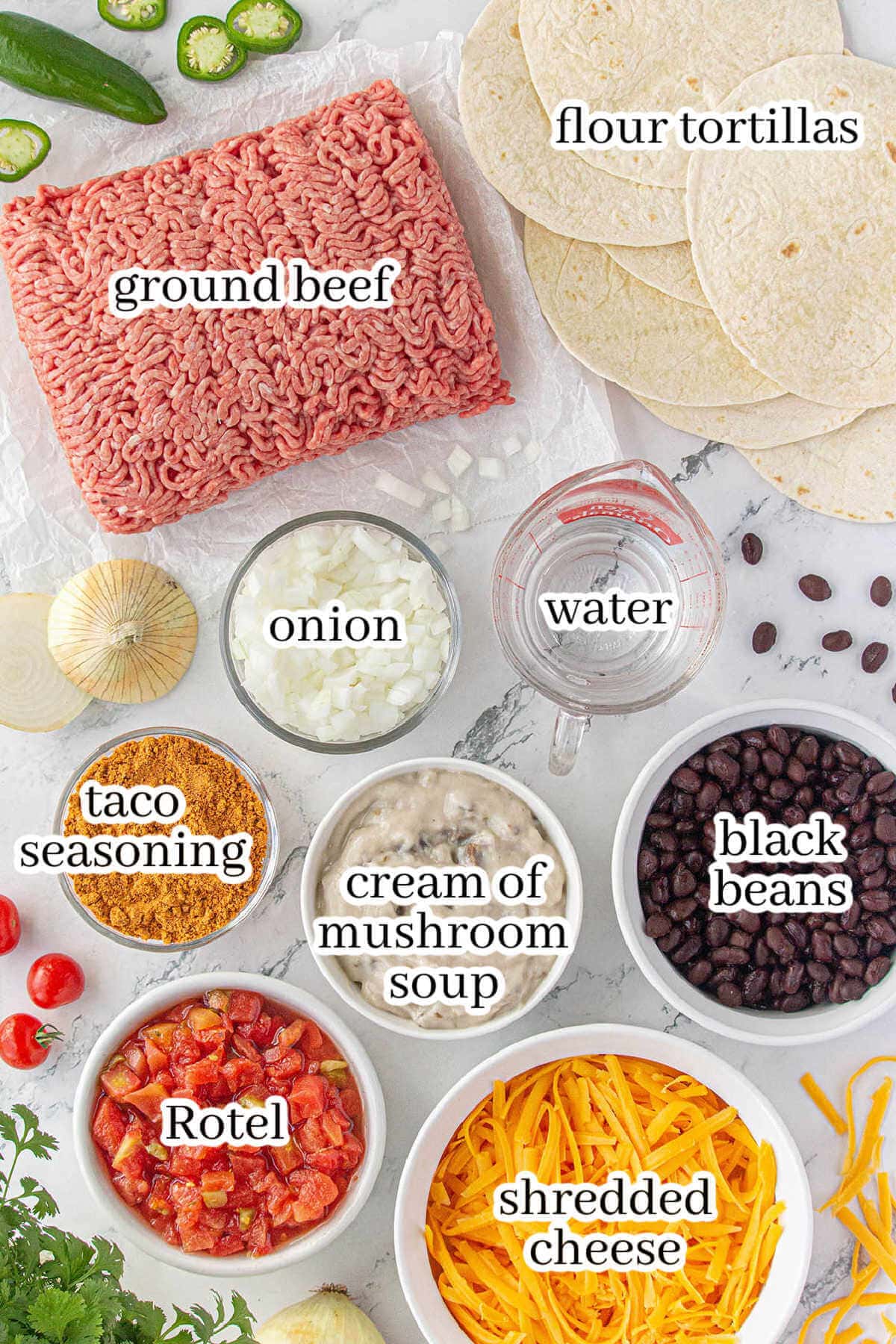 Ingredients to make the casserole dish, with print overlay.