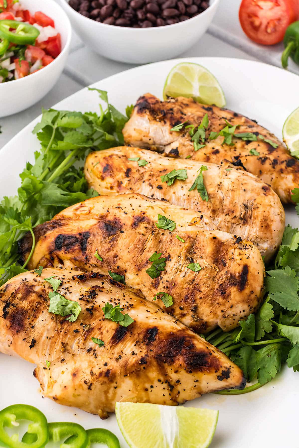 Grilled chicken breast on a platter.