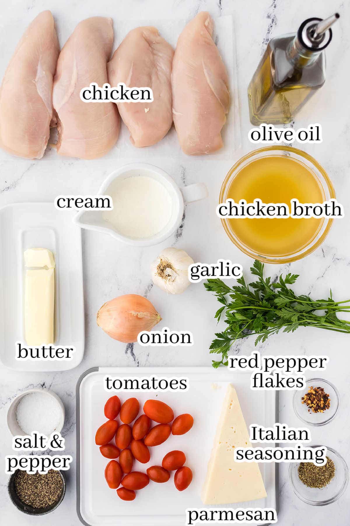 Ingredients to make the skillet chicken recipe, with print overlay.