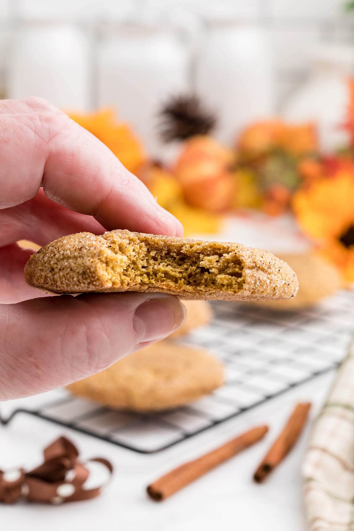 Close-up photo of a chewy pumpkin cookie with a bite taken out of it.