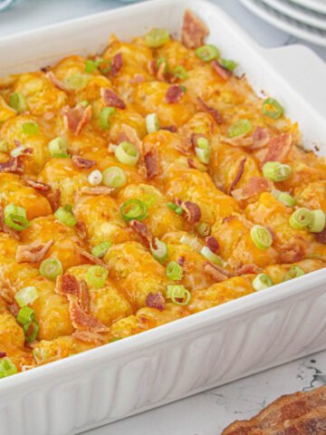 Chicken Bacon Tater Tot Casserole in baking dish.