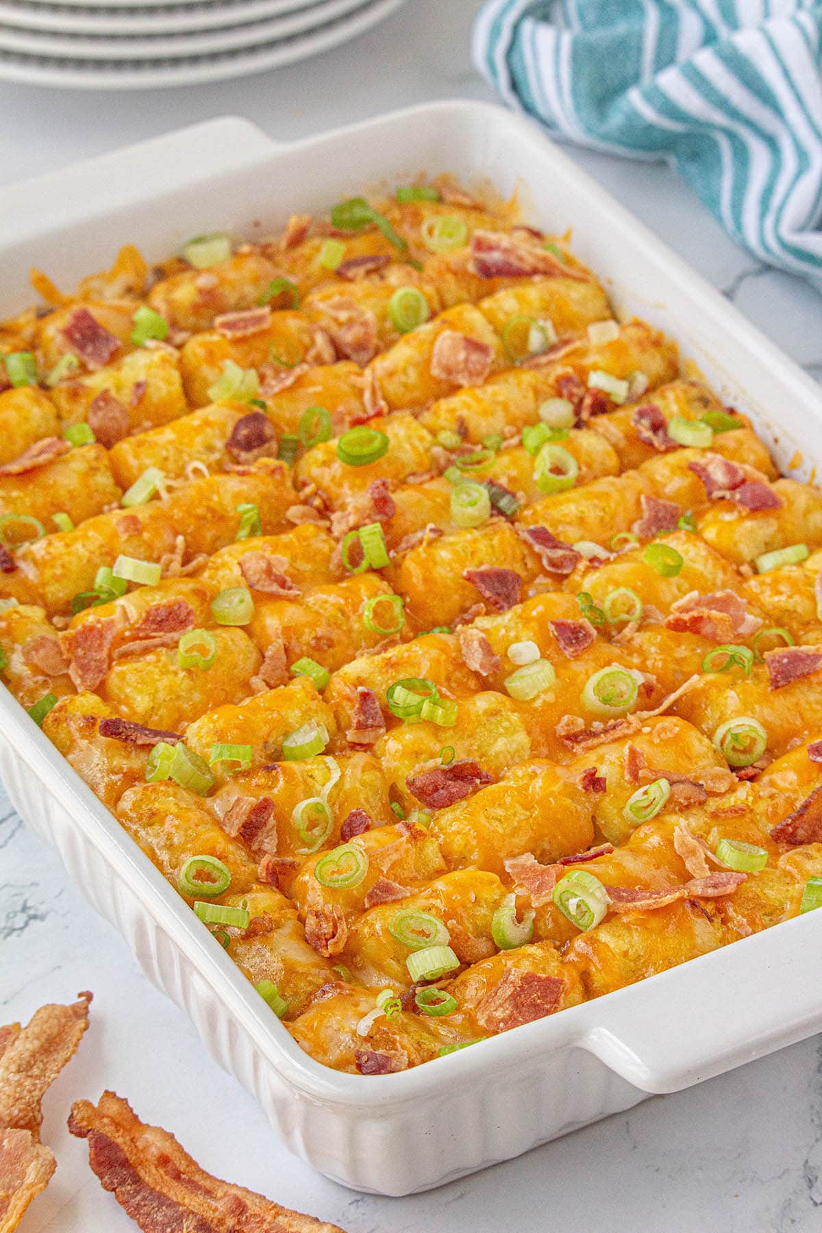 Chicken Bacon Ranch Tater Tot Casserole in baking dish.