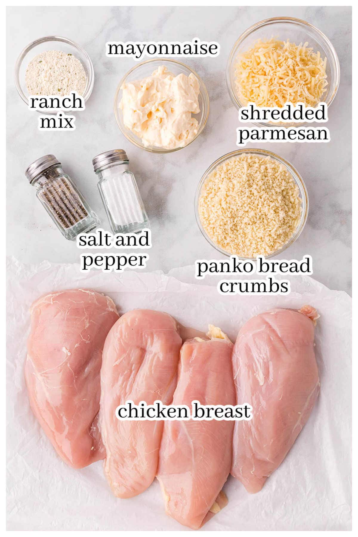 Ingredients for the crispy baked chicken recipe. With print overlay.