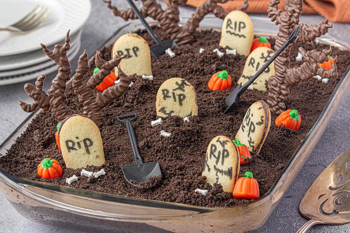 Chocolate cake decorated for Halloween.
