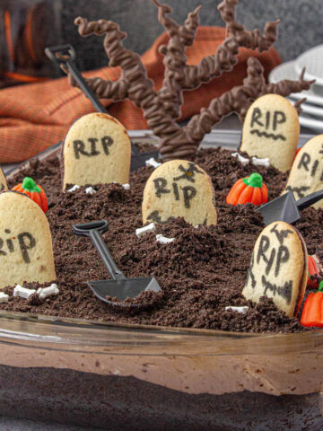Fun Graveyard Dirt Cake decorated for Halloween.