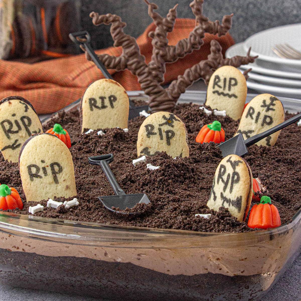 Fun Graveyard Dirt Cake decorated for Halloween.