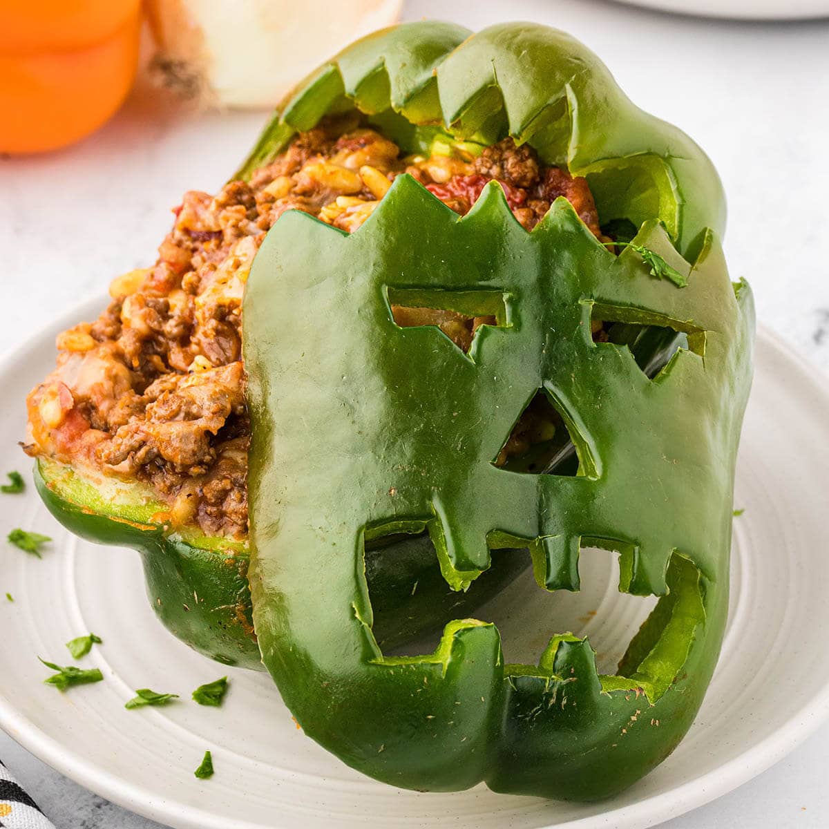 Frankenstein stuffed bell pepper for Halloween.