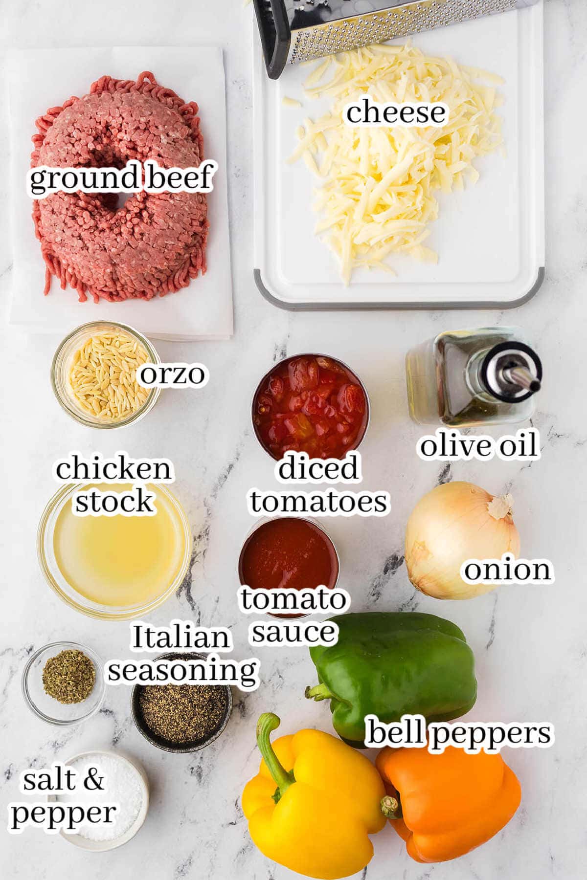 Ingredients to make the stuffed pepper recipe, with print overlay.