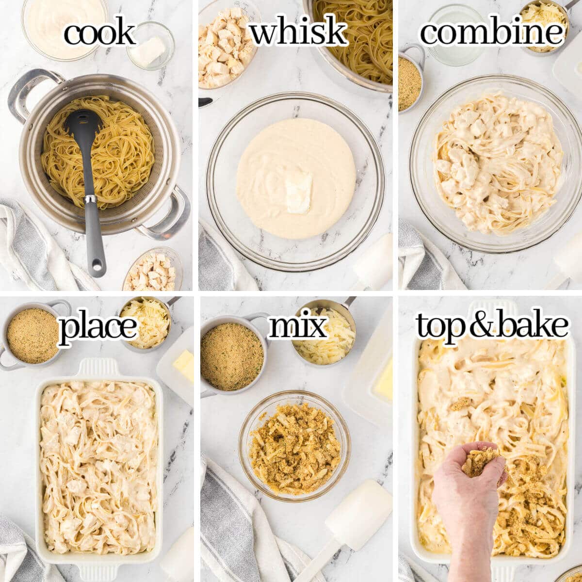 Step-by-step instructions to make the pasta recipe with print overlay.