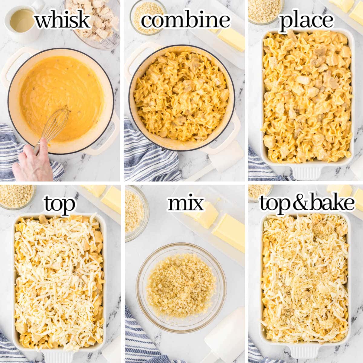 Step by step instructions to make casserole recipe. With print overlay.