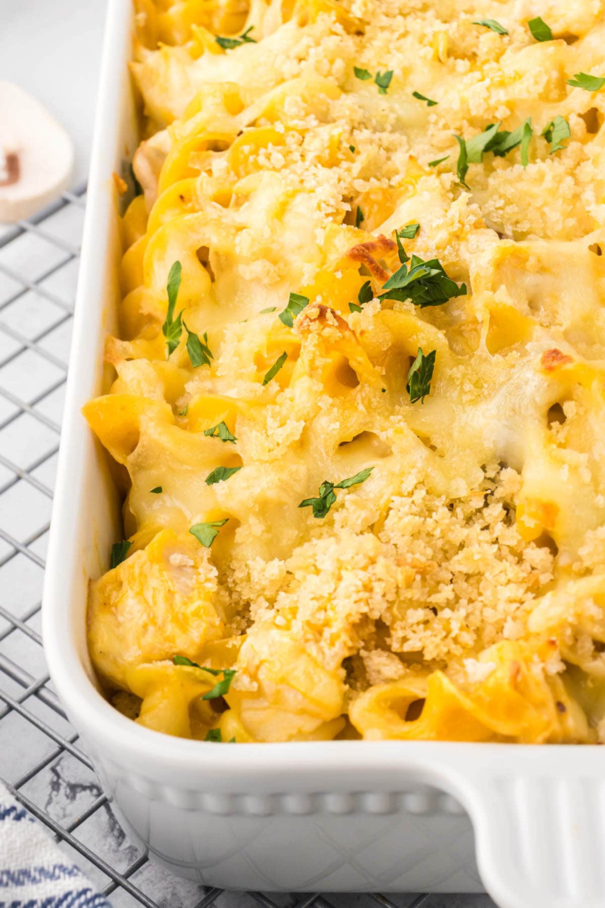 Casserole dish filled with Chicken and Mushroom pasta bake.