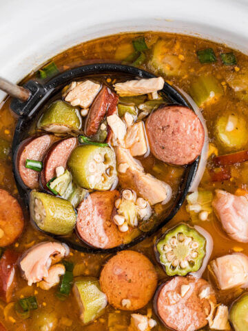 A pot filled with chicken and sausage gumbo with a ladle scooping out a serving.