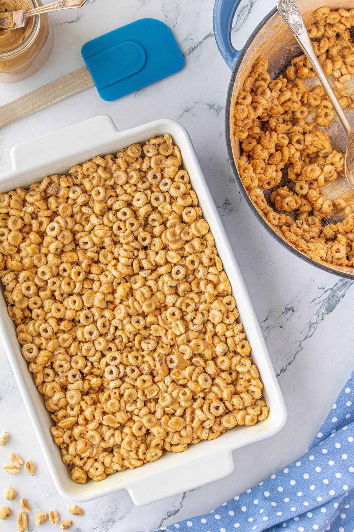 Peanut Butter Cheerio Bars in a baking dish.