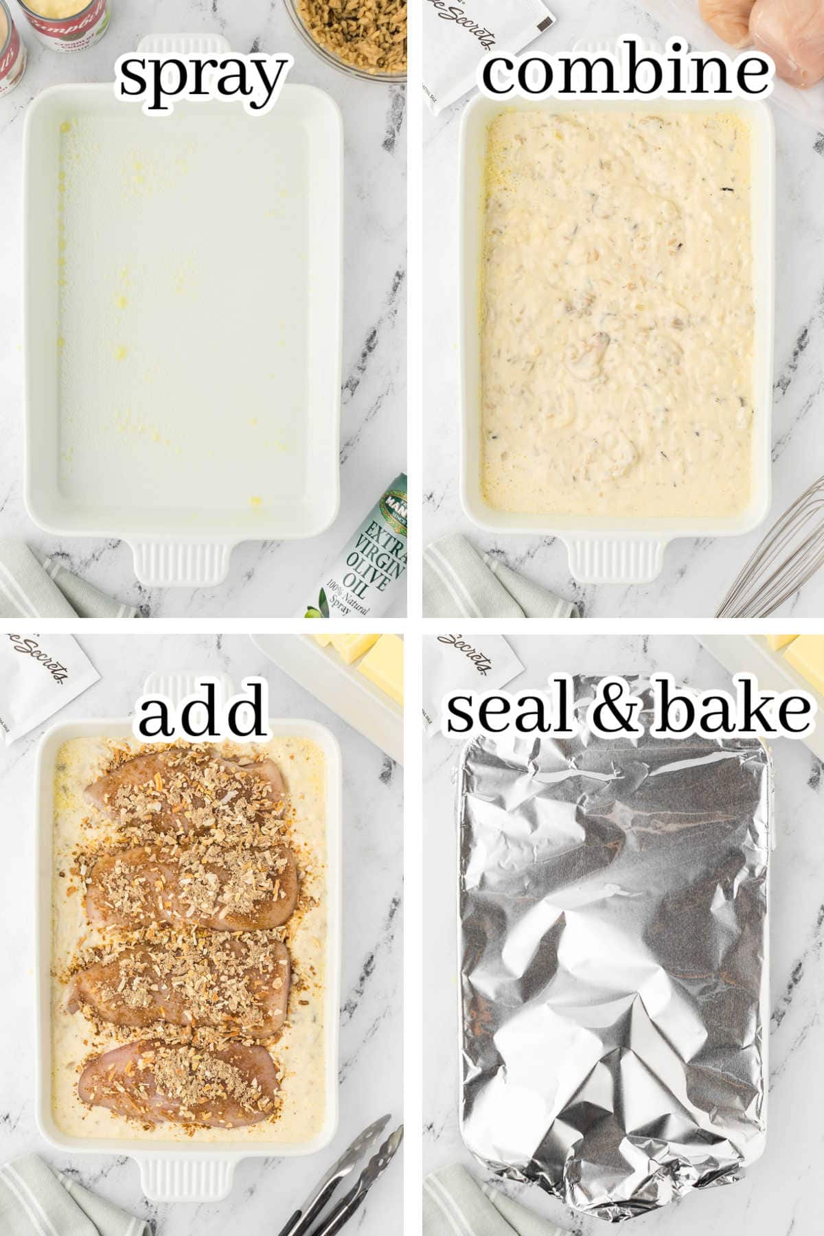 Step-by-step instructions to make casserole recipe, with print overlay.