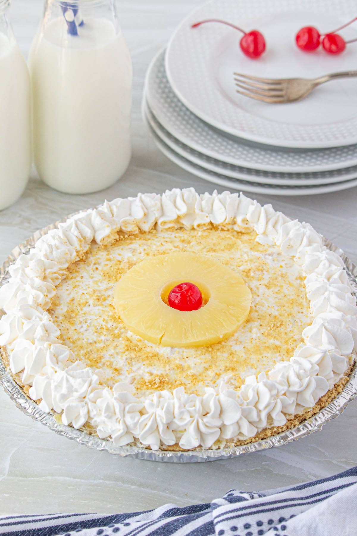 No Bake Pineapple Cream Cheese Pie ready to serve.