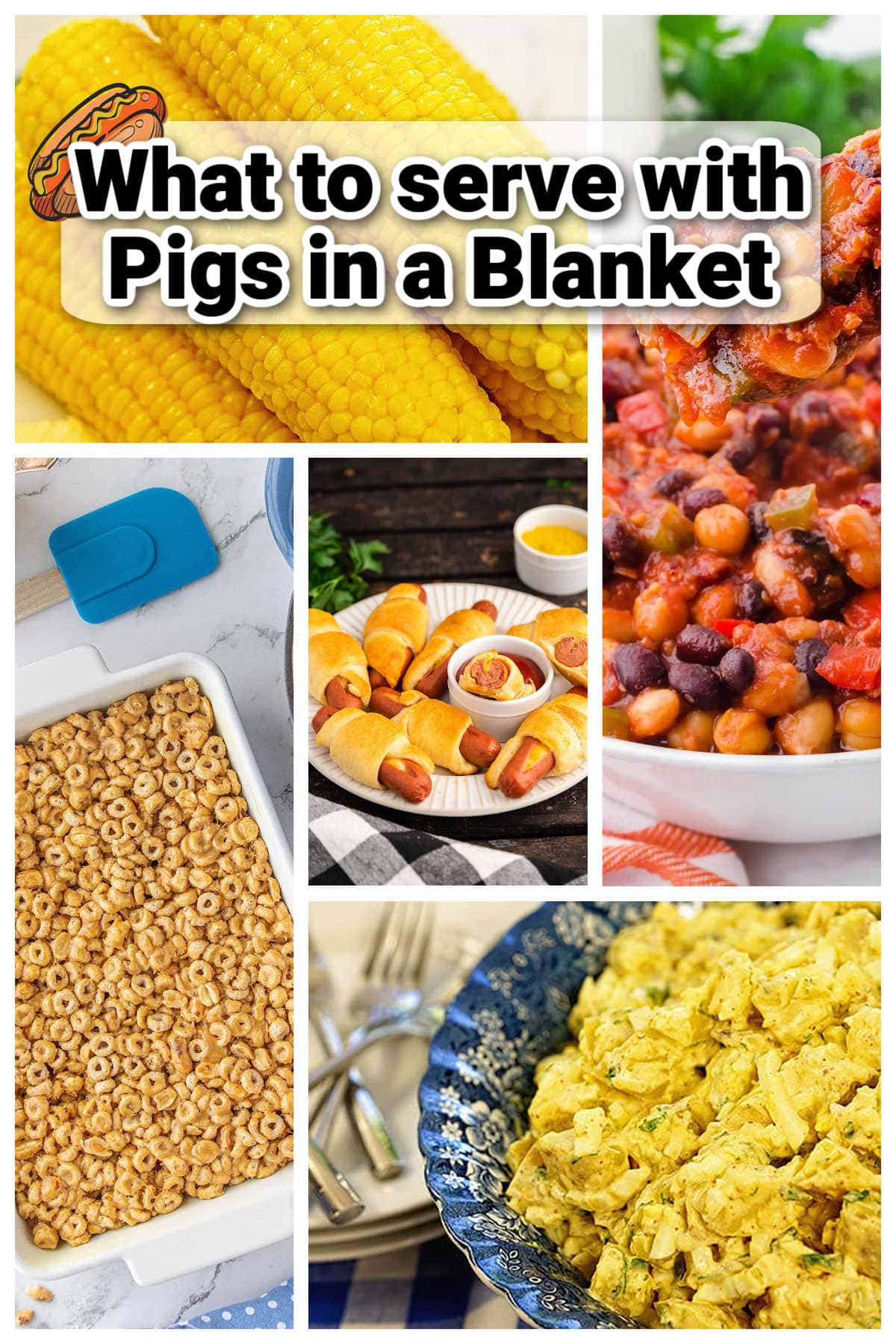 A collage of photos of what to serve with Pigs in a Blanket. With print overlay for Pinterest.
