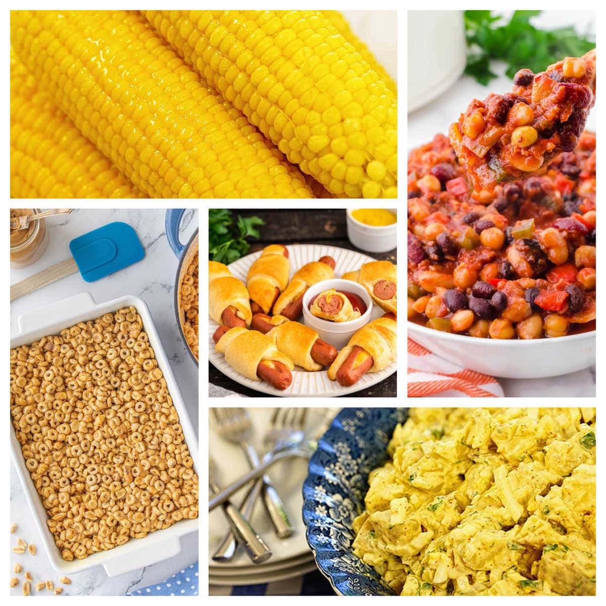 A collage of photos of what to serve with pigs in a blanket, including baked beans, corn on the cob and peanut butter bars.