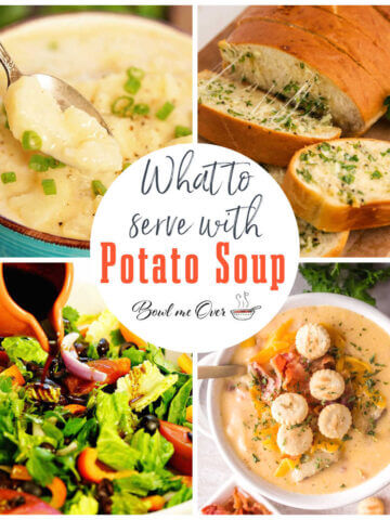 A collage of images of side dishes for what to serve with potato soup. With print overlay.