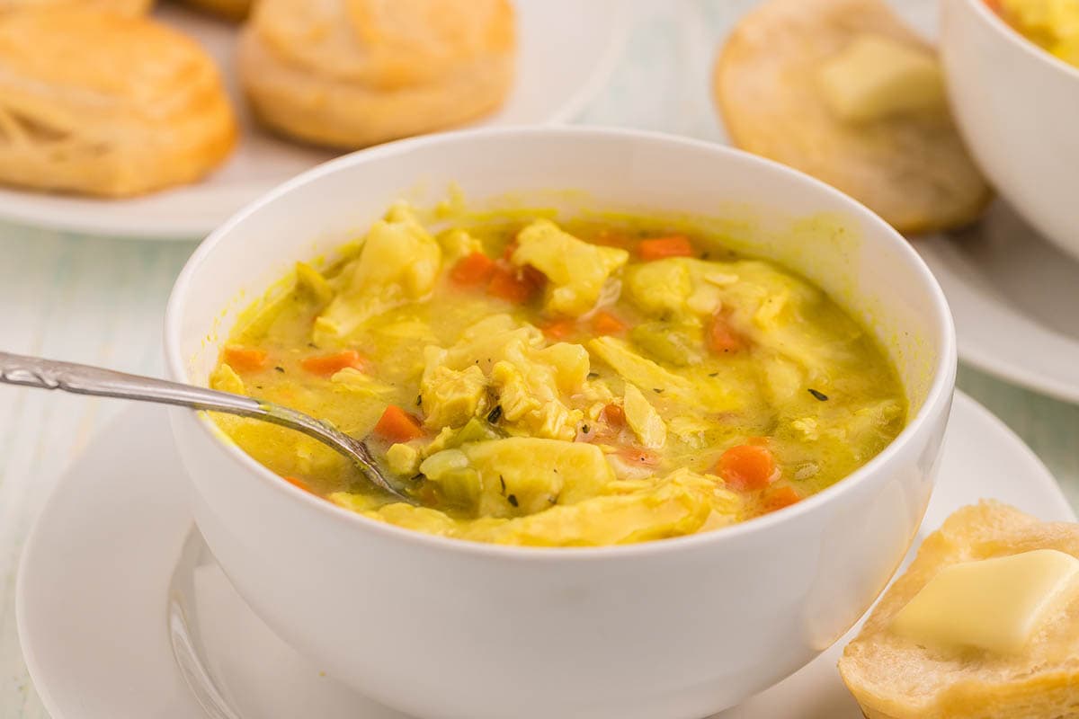 A bowl filled with Chicken and Dumpling soup with a spoon.